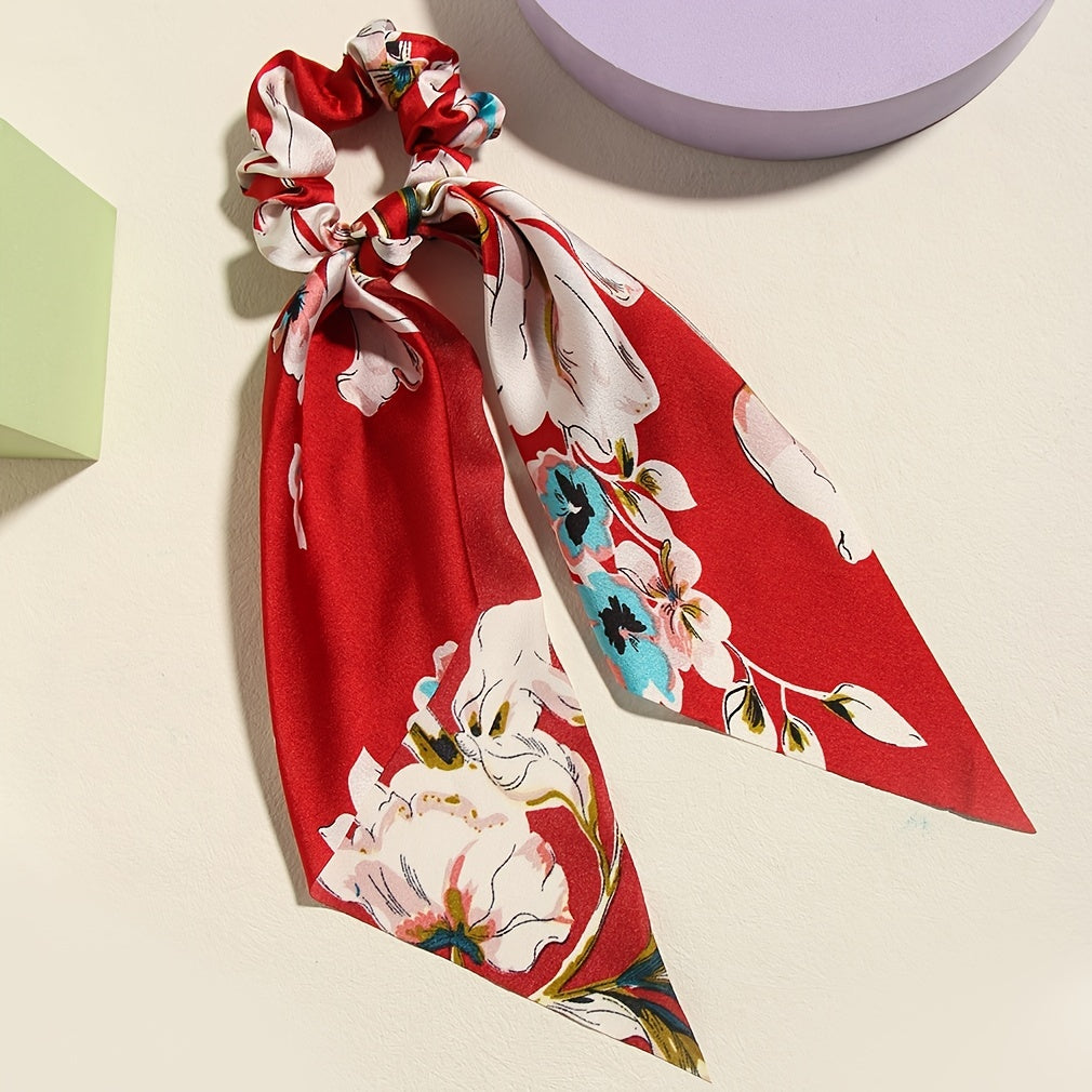 4-pack vintage floral peony hair scrunchies with ribbon tails.