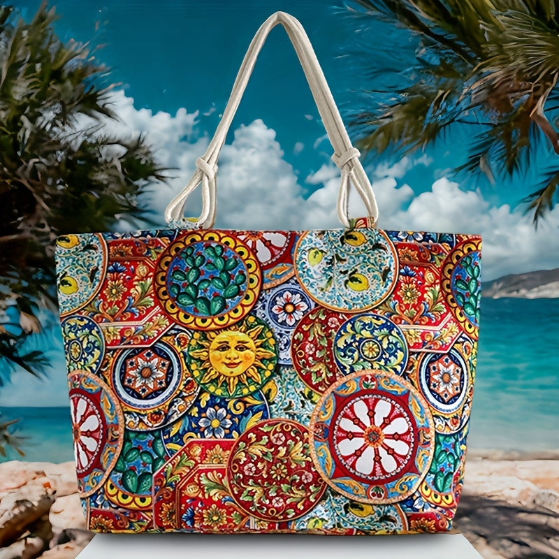 Women’s Ethnic-Inspired Oversized Tote Bag with Spacious Interior and Bohemian Style