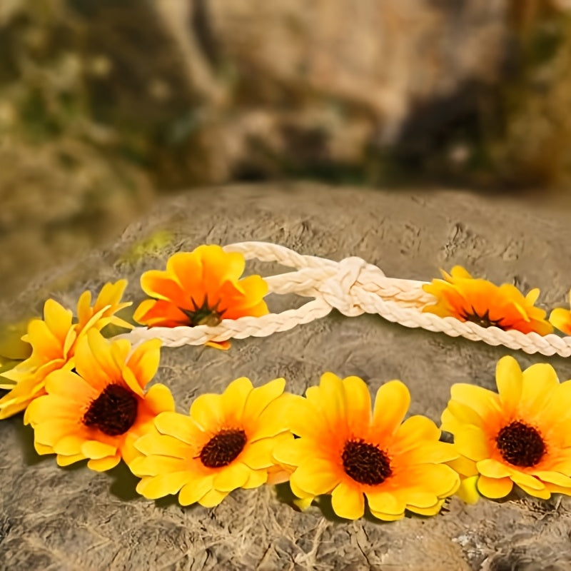2-pack sunflower and daisy flower crown headbands with adjustable tie-back