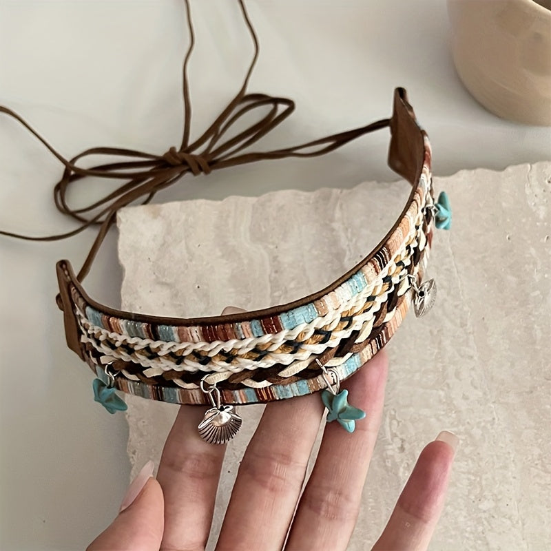 Bohemian triple-wear woven accessory you can style as a headband, necklace or belt.