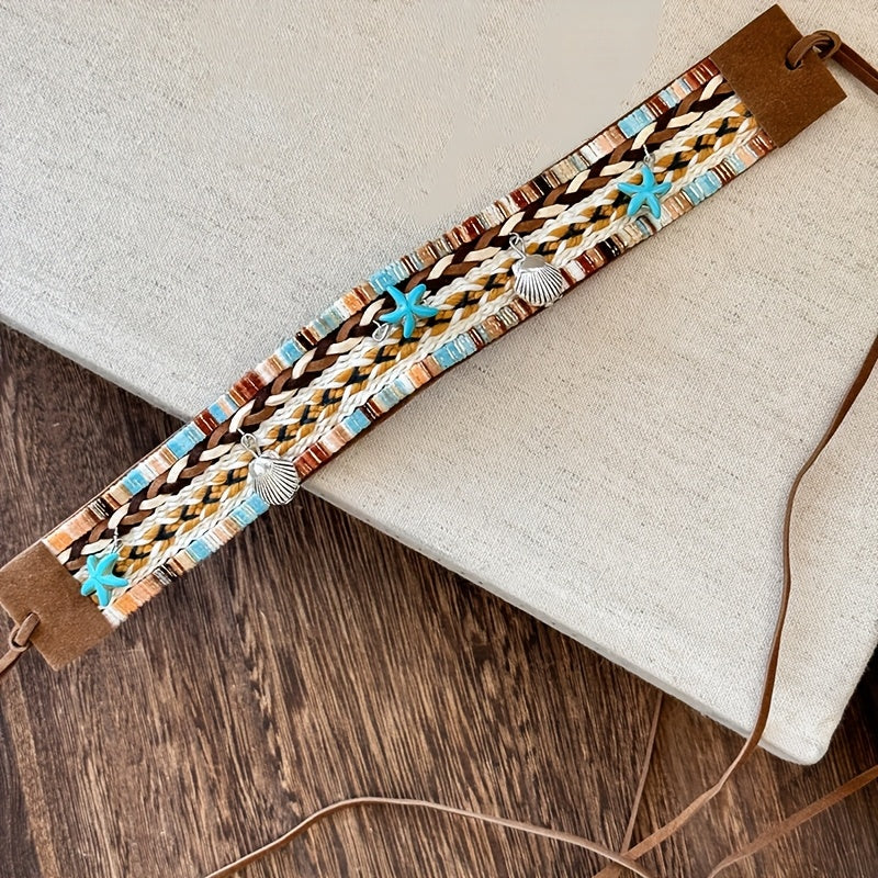 Bohemian triple-wear woven accessory you can style as a headband, necklace or belt.