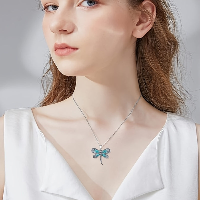 Elegant Retro Dragonfly Heart Pendant Necklace – Bohemian Turquoise Jewellery