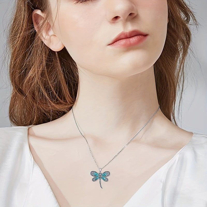 Elegant Retro Dragonfly Heart Pendant Necklace – Bohemian Turquoise Jewellery