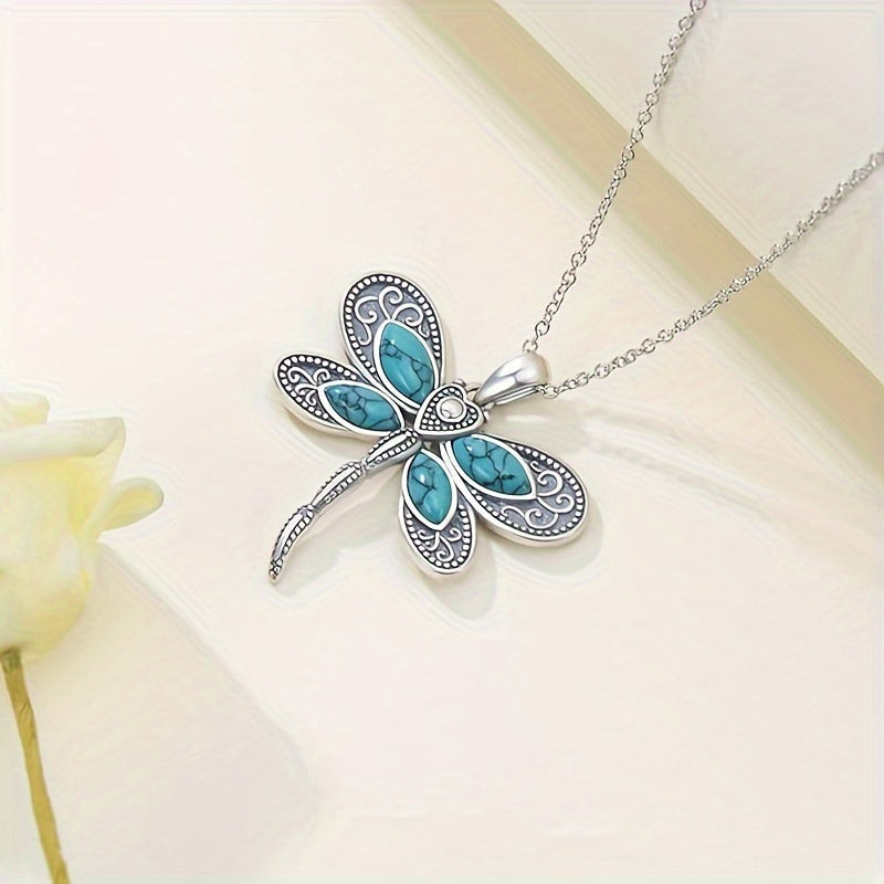 Elegant Retro Dragonfly Heart Pendant Necklace – Bohemian Turquoise Jewellery