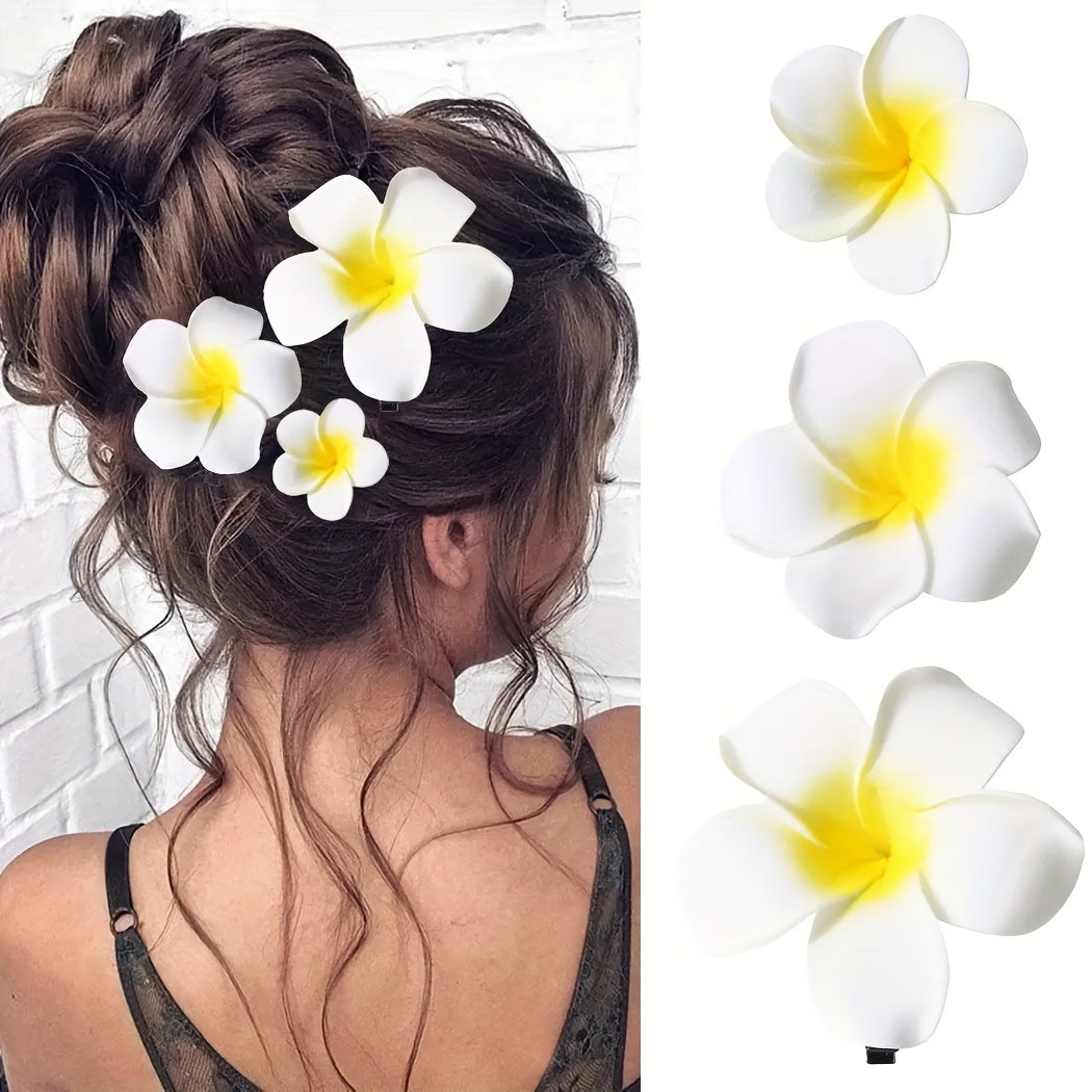 3-piece boho tropical flower hair clip set with white and yellow faux plumeria design