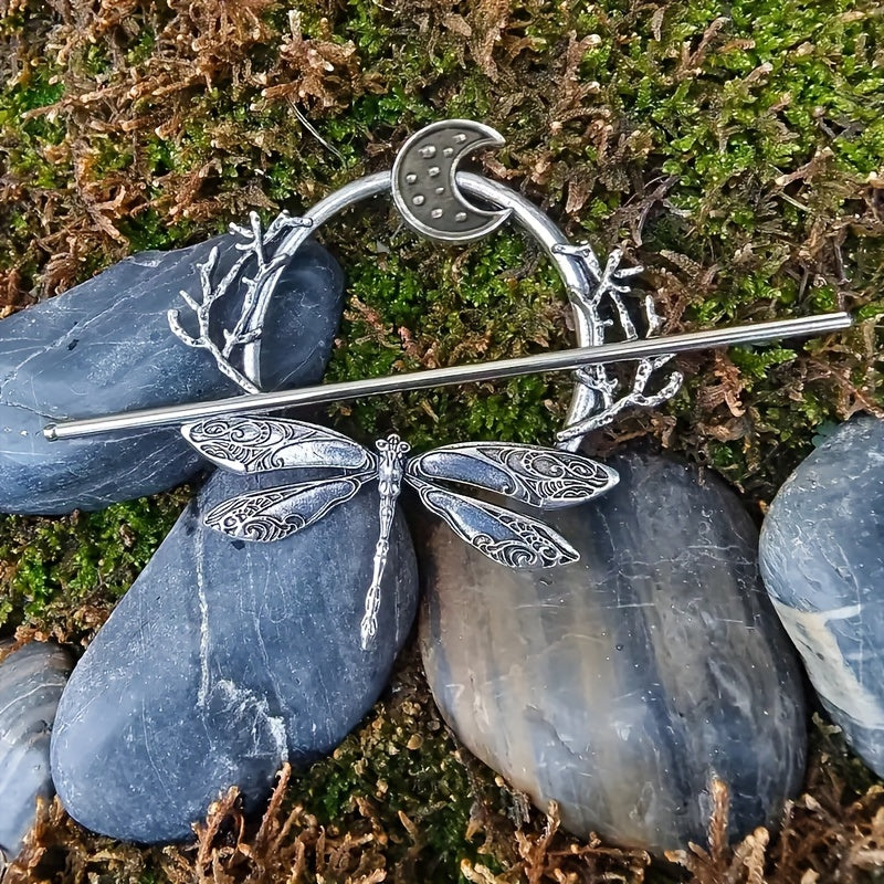 Bohemian moon and dragonfly hairpin set with vintage metal design.