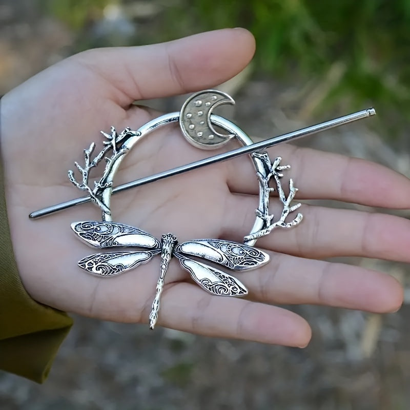 Bohemian moon and dragonfly hairpin set with vintage metal design.