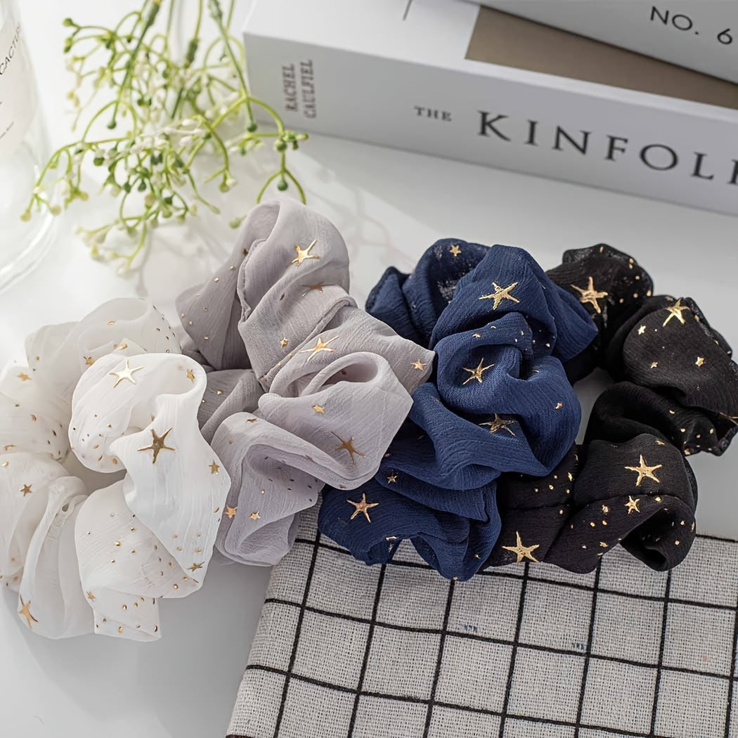 Set of 4 Bohemian Chiffon Star Scrunchies – Elastic Ponytail Ties & Hair Ropes