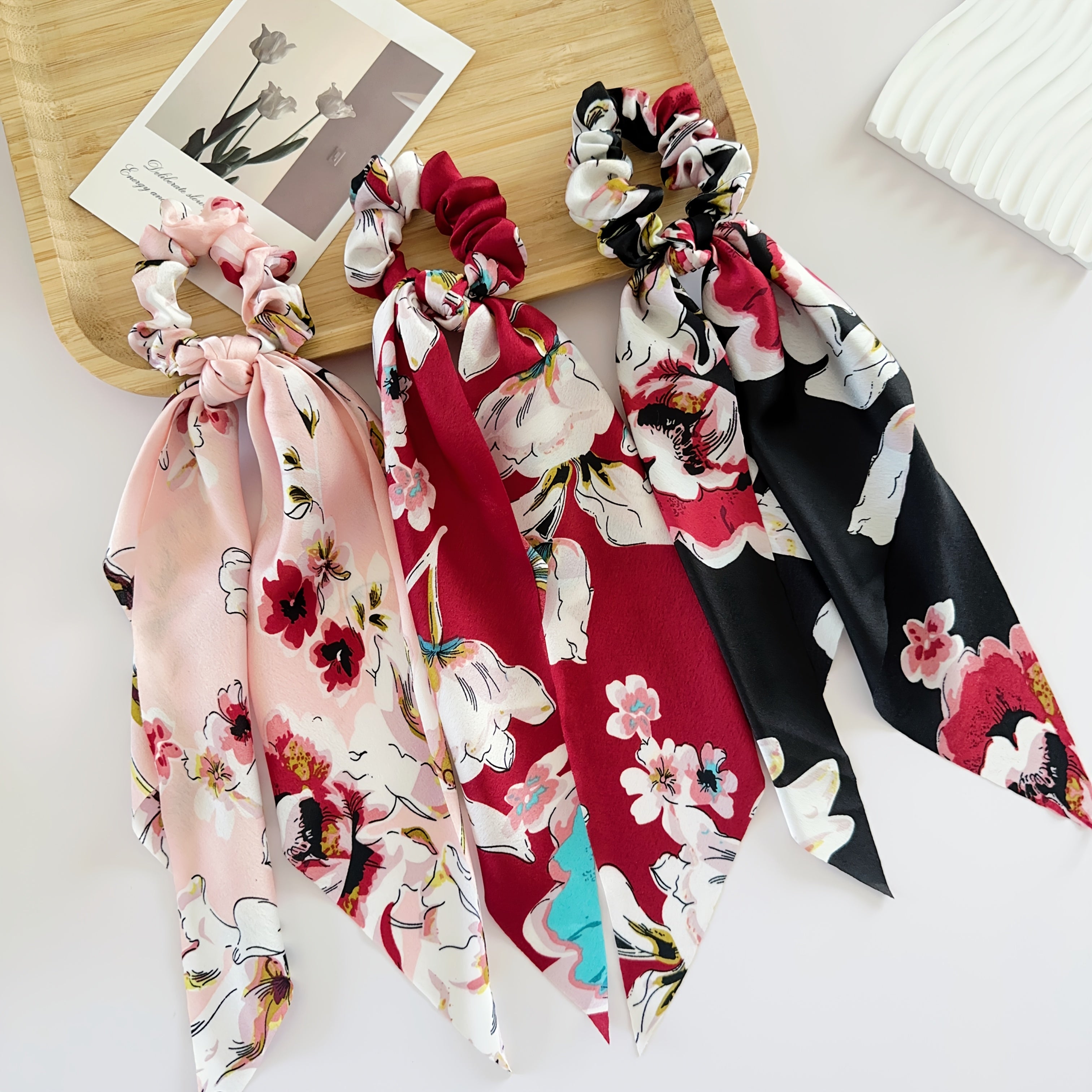 6 x Bohemian Printed Bow Scrunchies–Elegant Floral Hair Ties for Women