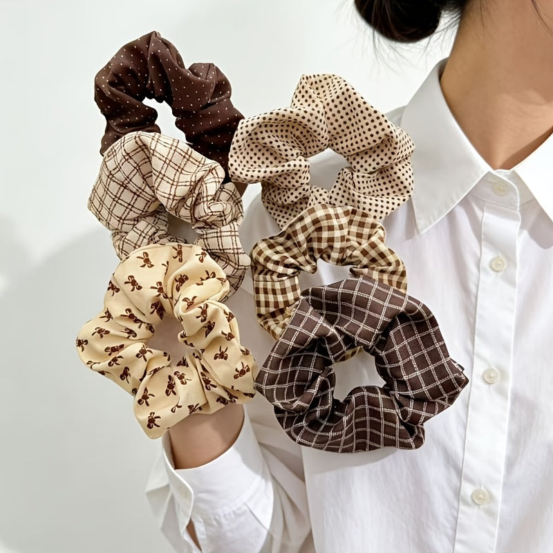Set of 6 Retro Brown Fabric Scrunchies – Checkered & Polka Dot Hair Bands for Women