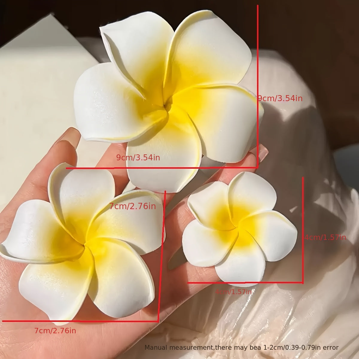 3-piece boho tropical flower hair clip set with white and yellow faux plumeria design