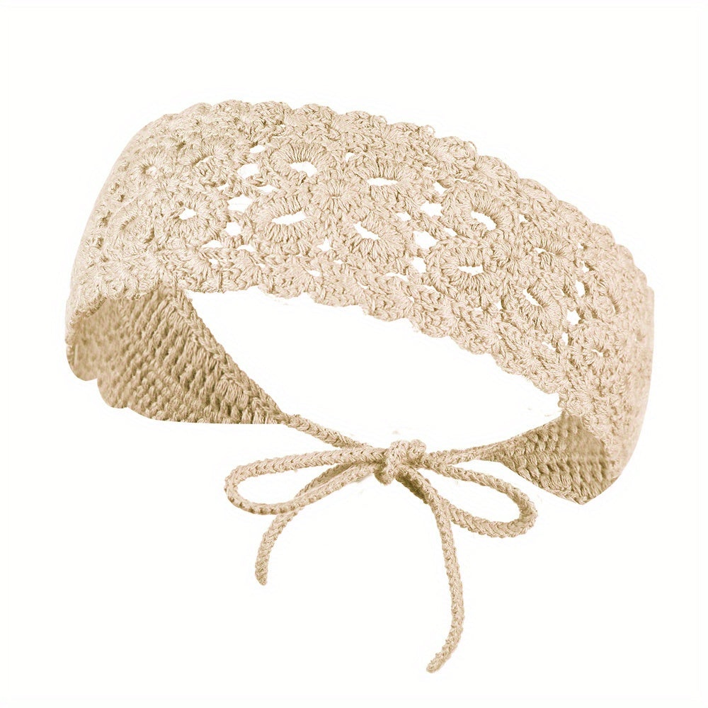 Boho Crochet Flower Hair Band - Soft knitted headband with adjustable tie-back.