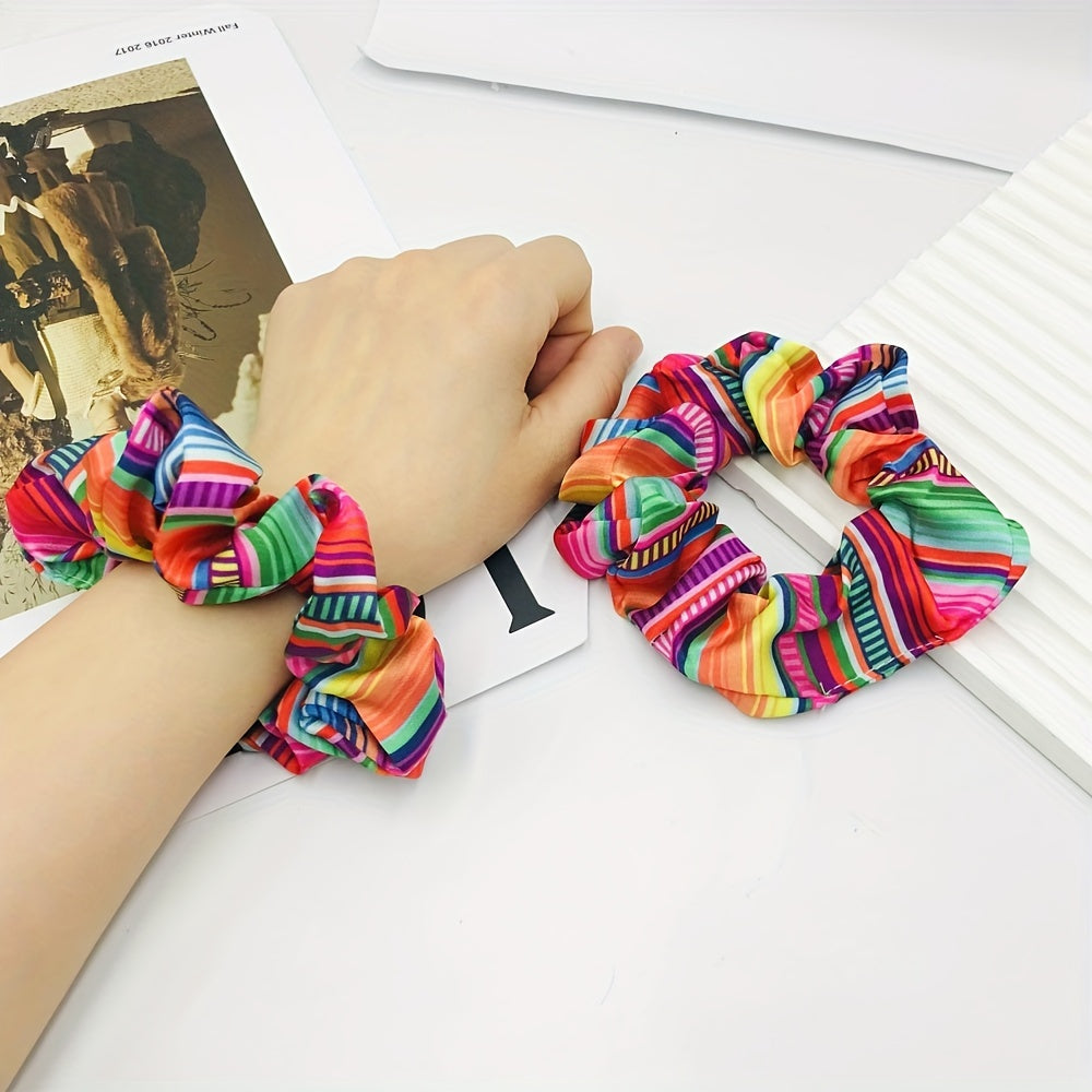 Mexican Rainbow Striped Fabric Hair Scrunchie – Boho Elastic Hair Tie