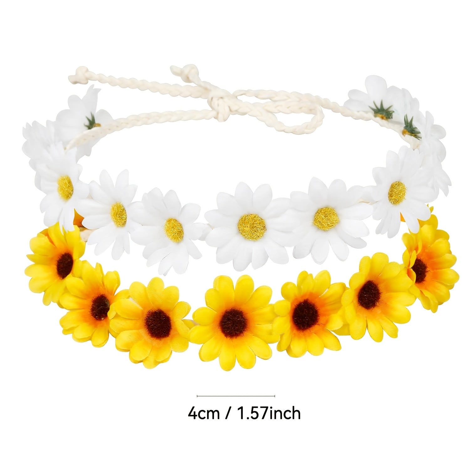 2-pack sunflower and daisy flower crown headbands with adjustable tie-back