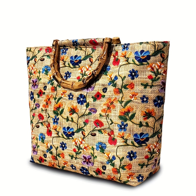 Bohemian Floral Embroidered Large Capacity Tote Bag for Everyday Use, Shopping & Travel