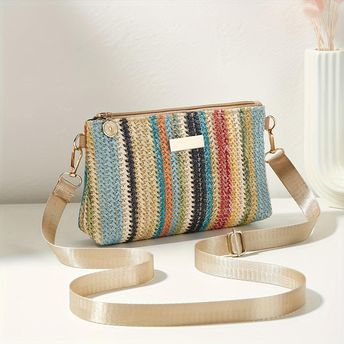 Vintage Country-Style Colorful Woven Crossbody Bag with Adjustable Strap and Spacious Interior