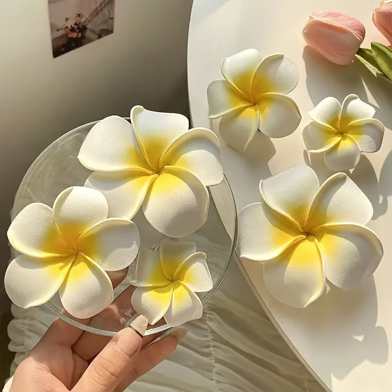 3-piece boho tropical flower hair clip set with white and yellow faux plumeria design