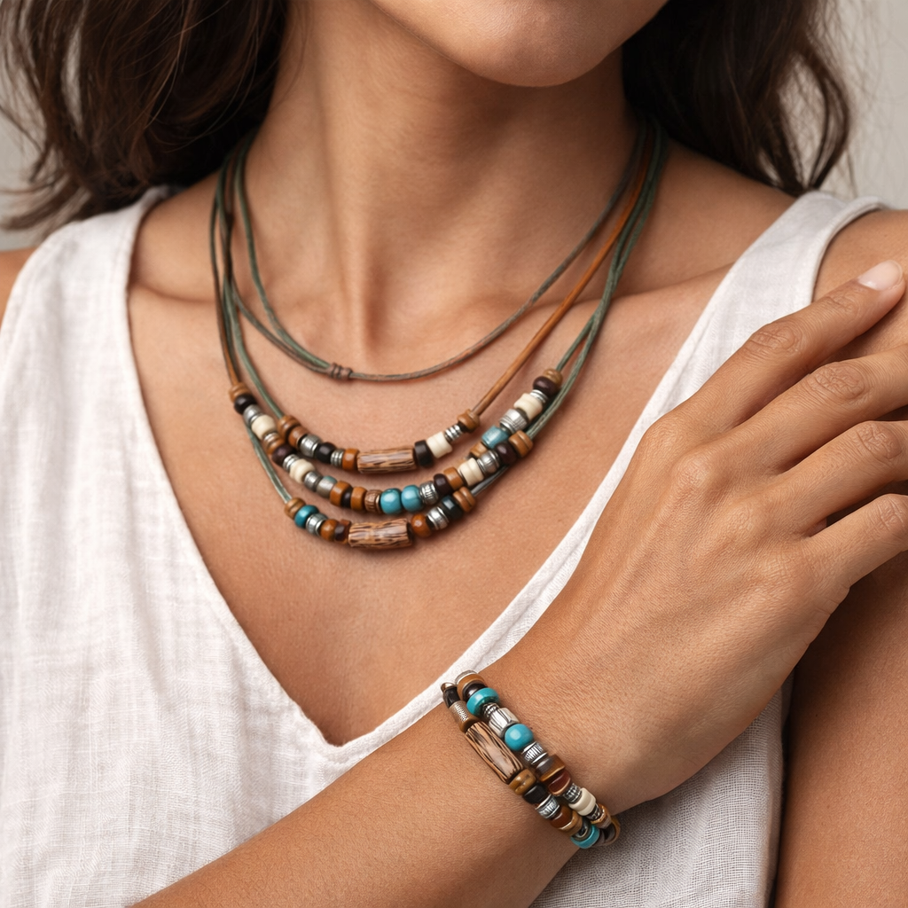 2pcs Boho Bead Necklace & Bracelet Set – Handwoven Wooden Jewellery