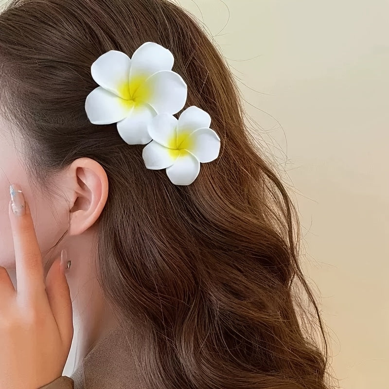 3-piece boho tropical flower hair clip set with white and yellow faux plumeria design
