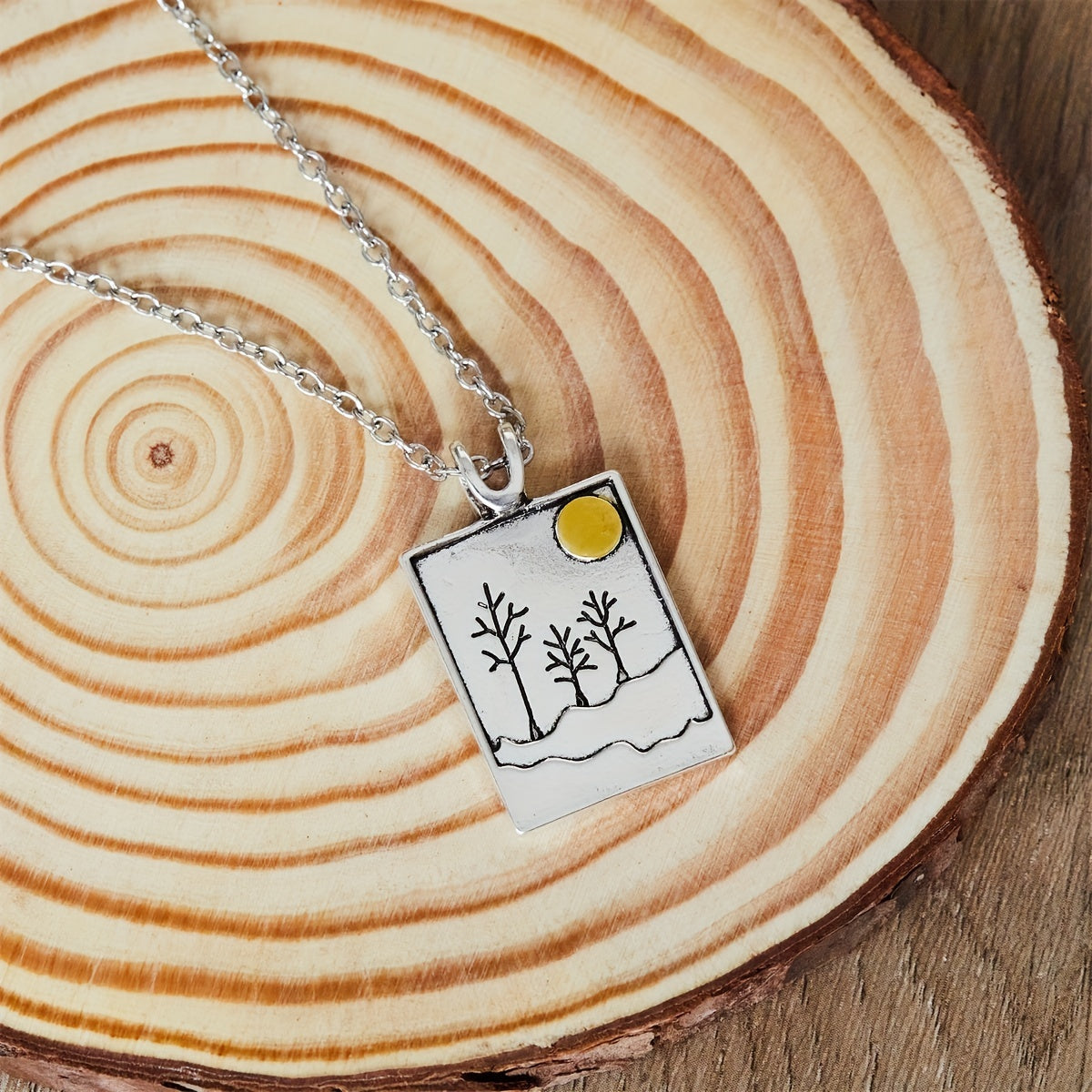 Bohemian Sun & Forest Pattern Rectangular Pendant Necklace – Minimalist Vintage Jewellery Gift