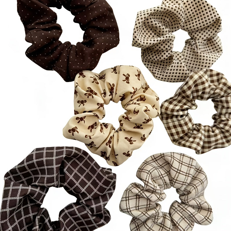 Set of 6 Retro Brown Fabric Scrunchies – Checkered & Polka Dot Hair Bands for Women