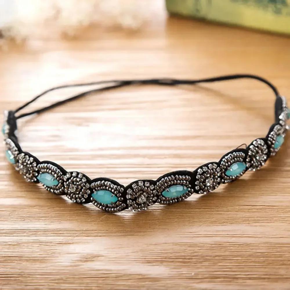 Retro turquoise beaded crown headband with rhinestone accents