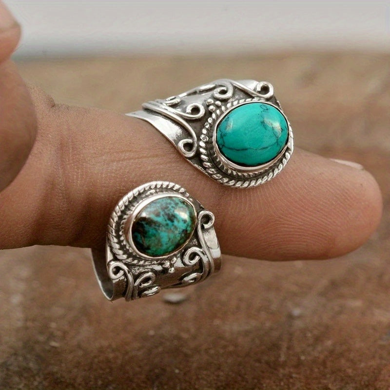 Bohemian Turquoise Adjustable Statement Ring - Vintage Silver Finish