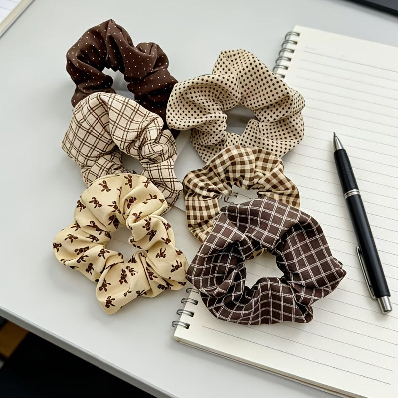 Set of 6 Retro Brown Fabric Scrunchies – Checkered & Polka Dot Hair Bands for Women