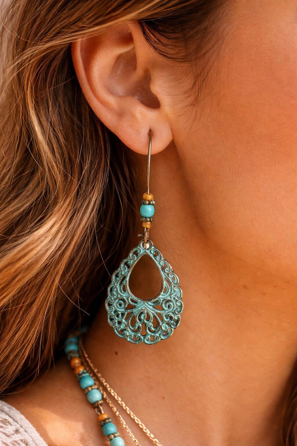 Boho Teardrop Filigree Dangle Earrings