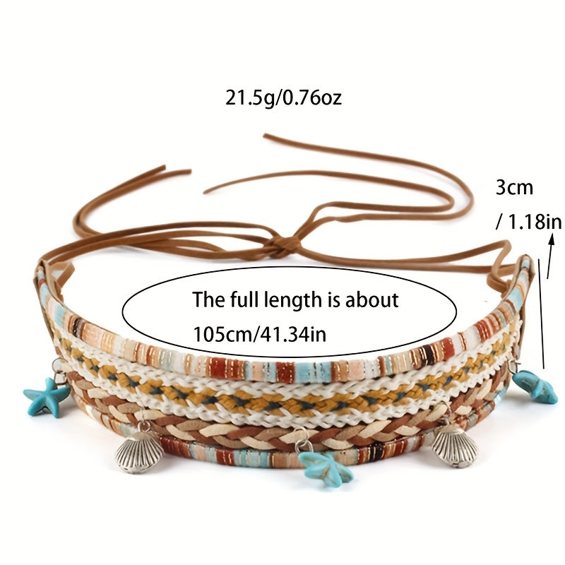 Bohemian triple-wear woven accessory you can style as a headband, necklace or belt.