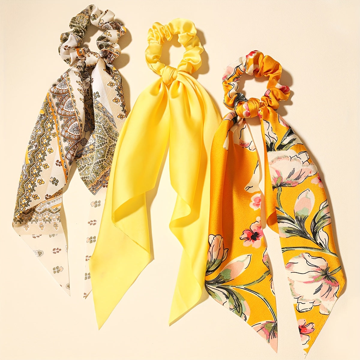 Set of 3 Printed Fabric Bow Scrunchies – Rings with Scarf Tails (Yellow)
