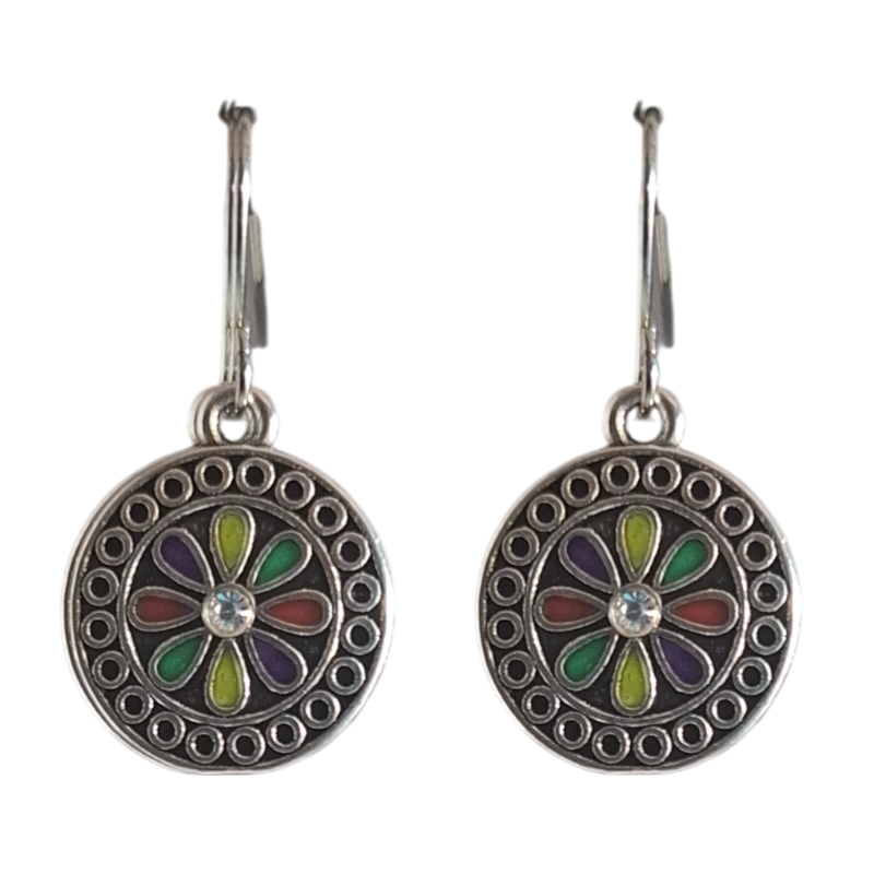 Vintage Floral Enamel Round Dangle Earrings