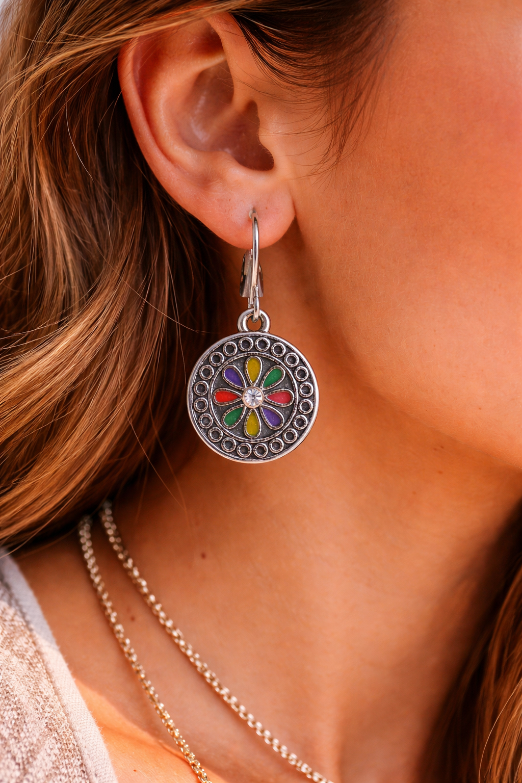 Vintage Floral Enamel Round Dangle Earrings