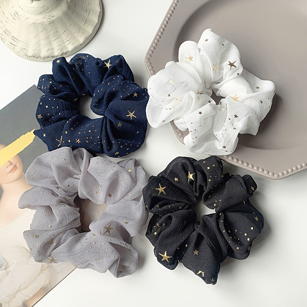 Set of 4 Bohemian Chiffon Star Scrunchies – Elastic Ponytail Ties & Hair Ropes