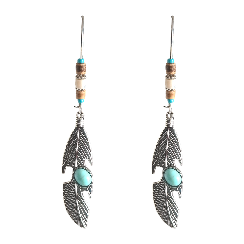 Boho Feather Dangle Earrings with Turquoise Accent