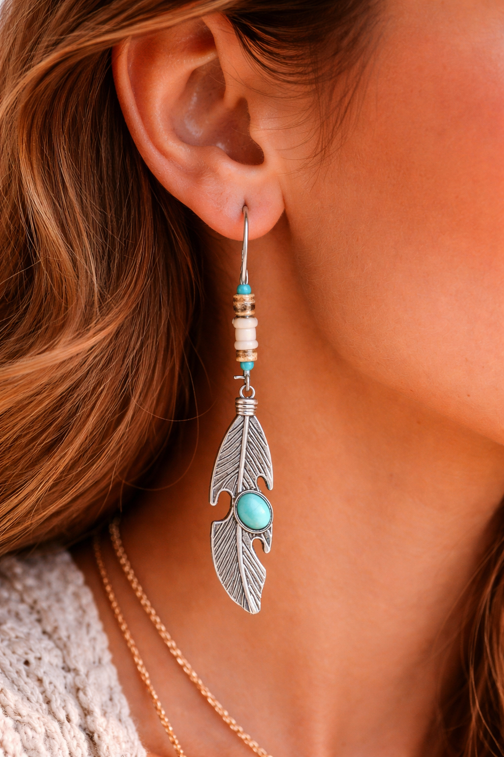 Boho Feather Dangle Earrings with Turquoise Accent