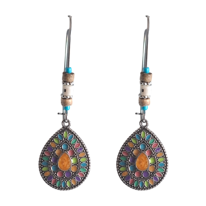 Boho Teardrop Mosaic Dangle Earrings with Amber Accent