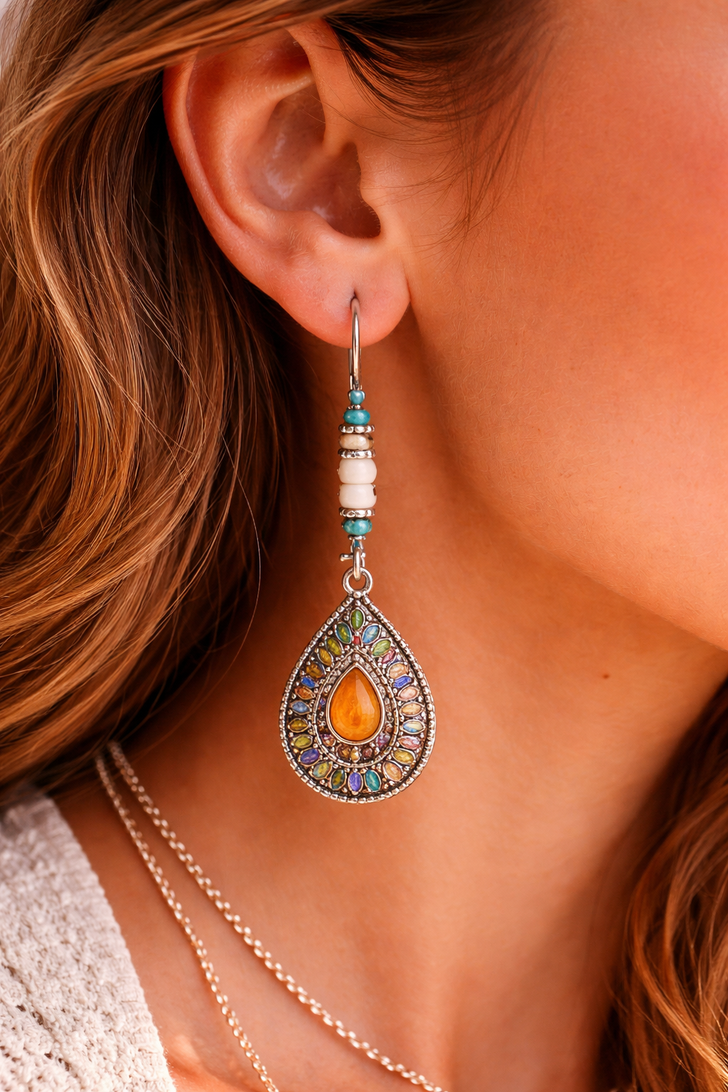 Boho Teardrop Mosaic Dangle Earrings with Amber Accent