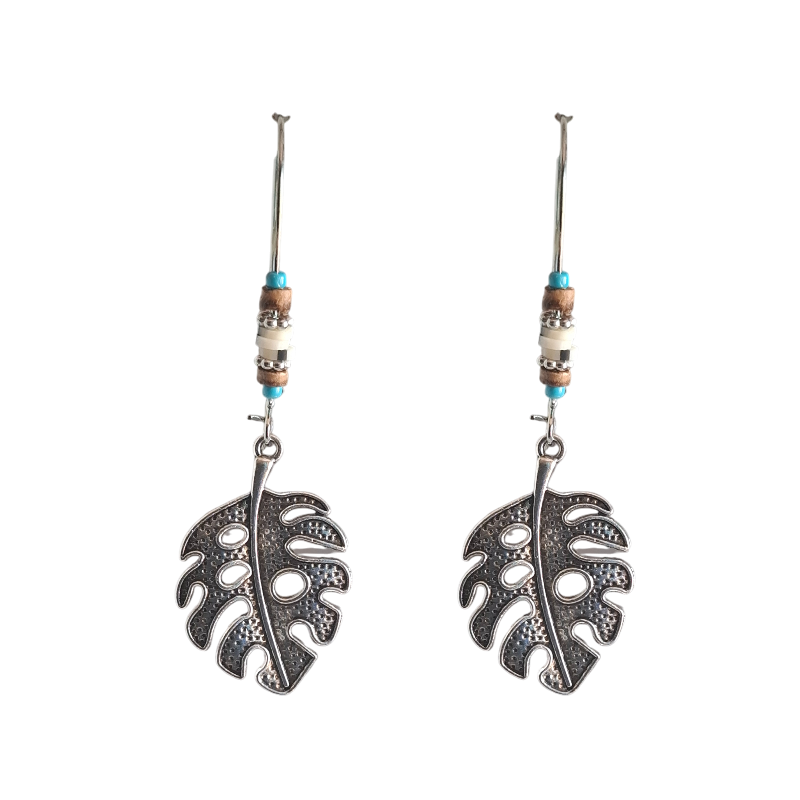 Boho Monstera Leaf Dangle Earrings with Turquoise Beads