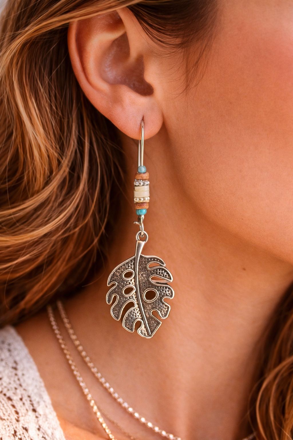 Boho Monstera Leaf Dangle Earrings with Turquoise Beads
