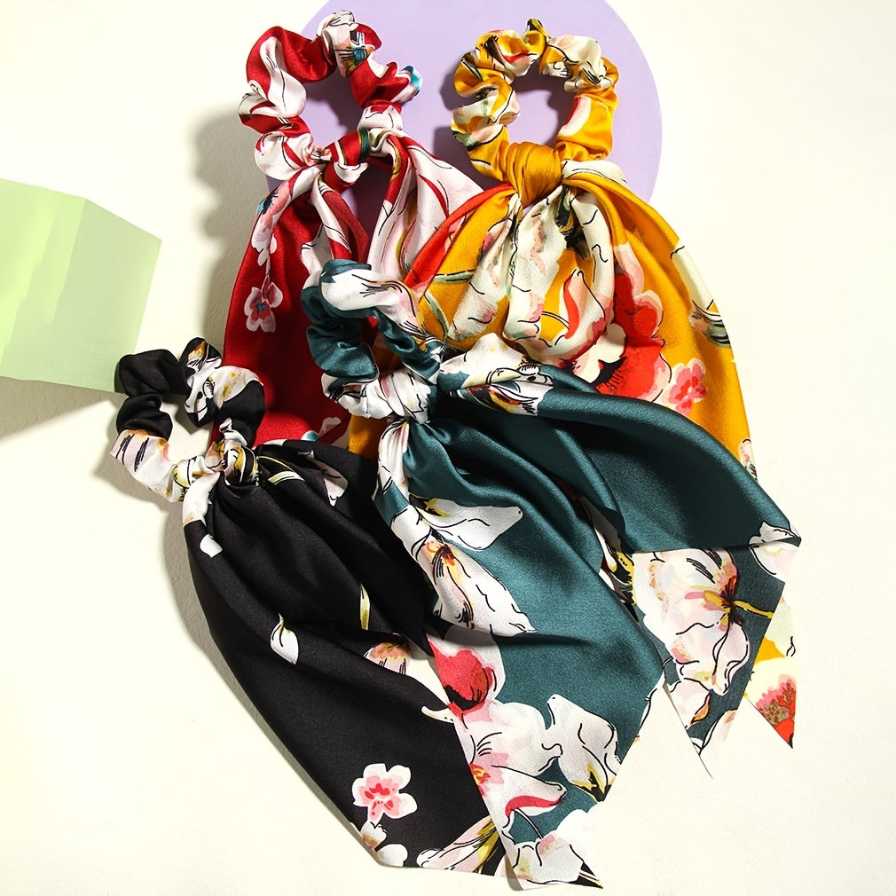 4-pack vintage floral peony hair scrunchies with ribbon tails.