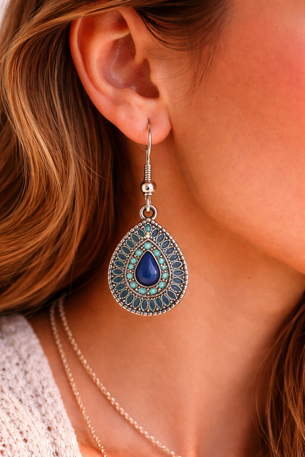 Boho Teardrop Inlay Dangle Earrings with Turquoise Accents