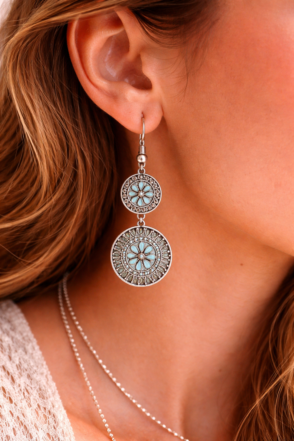 Boho Double Disc Floral Dangle Earrings with Turquoise Accents