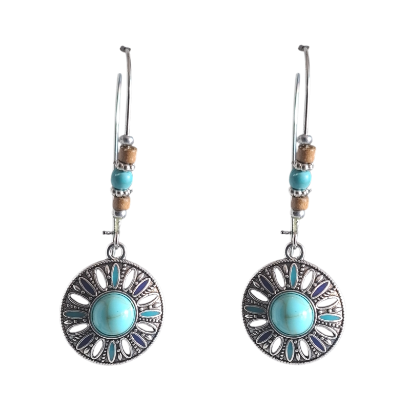 Boho Round Turquoise Medallion Dangle Earrings