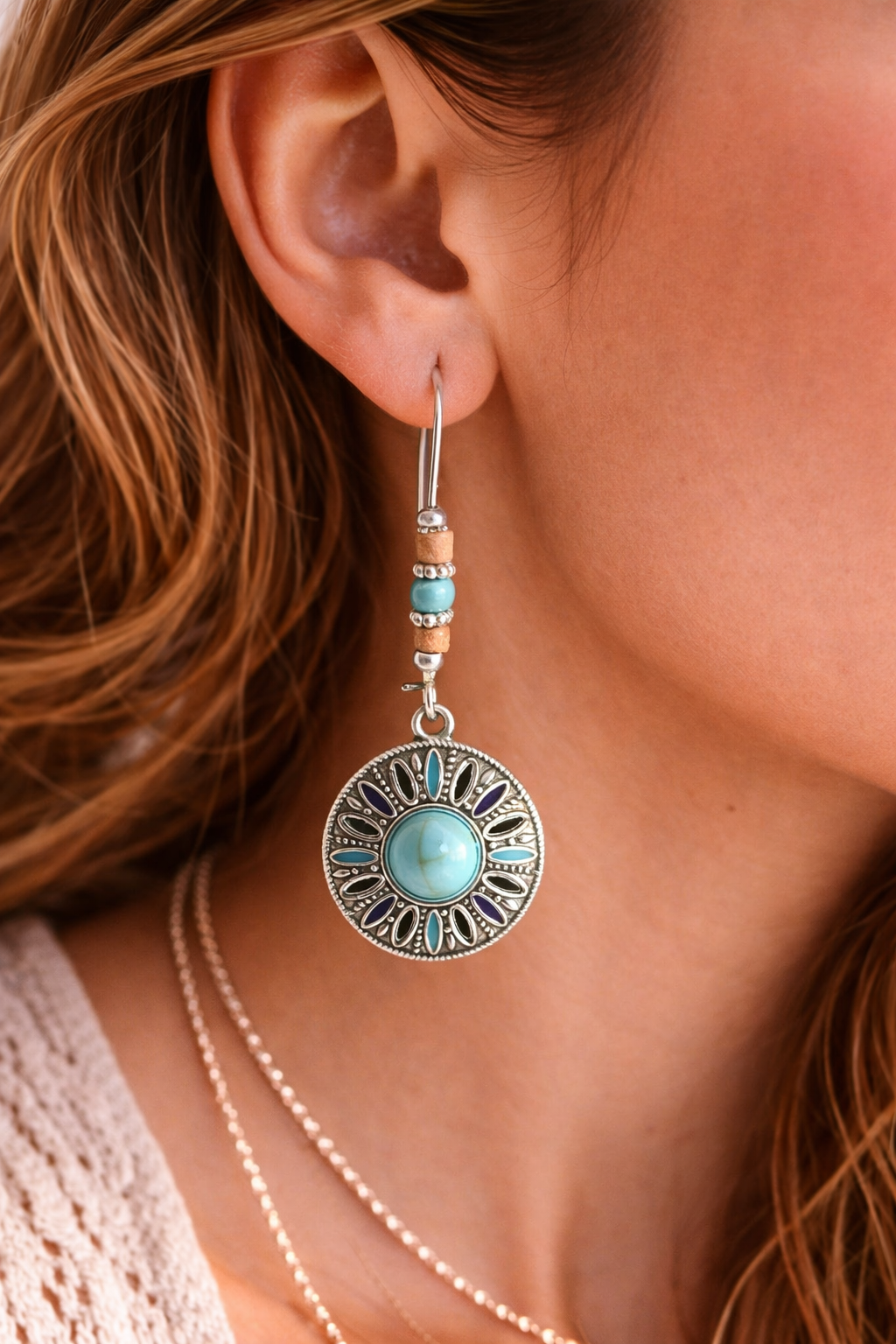 Boho Round Turquoise Medallion Dangle Earrings