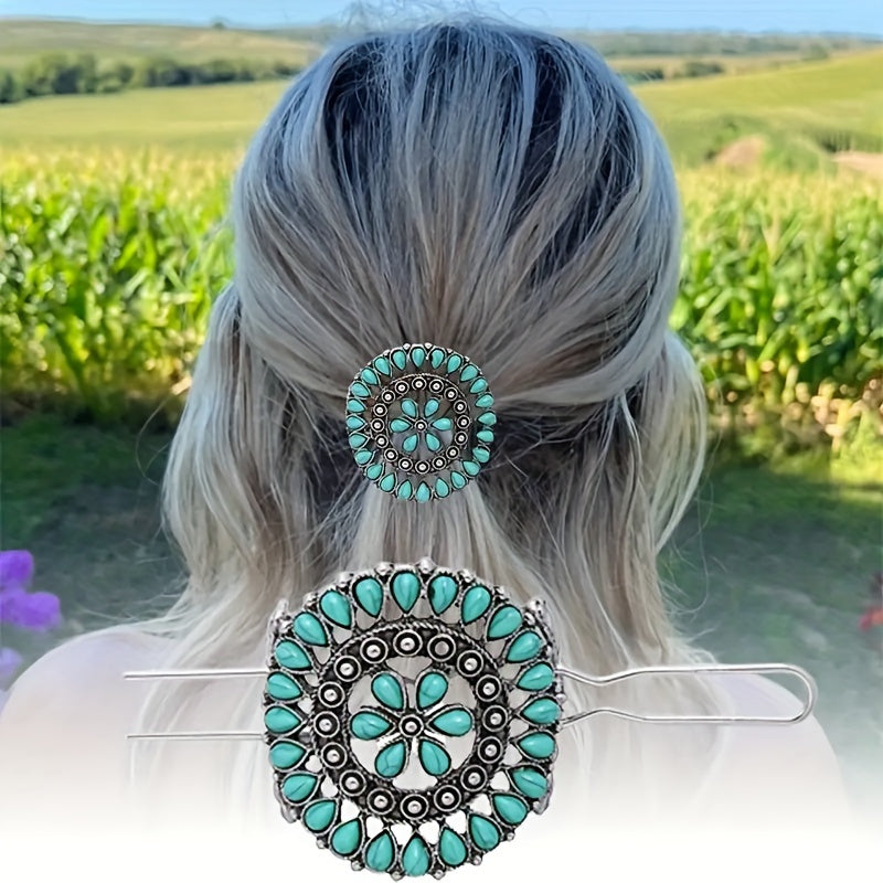 Stylish vintage turquoise hair clip with floral filigree design and antique silver-tone finish.