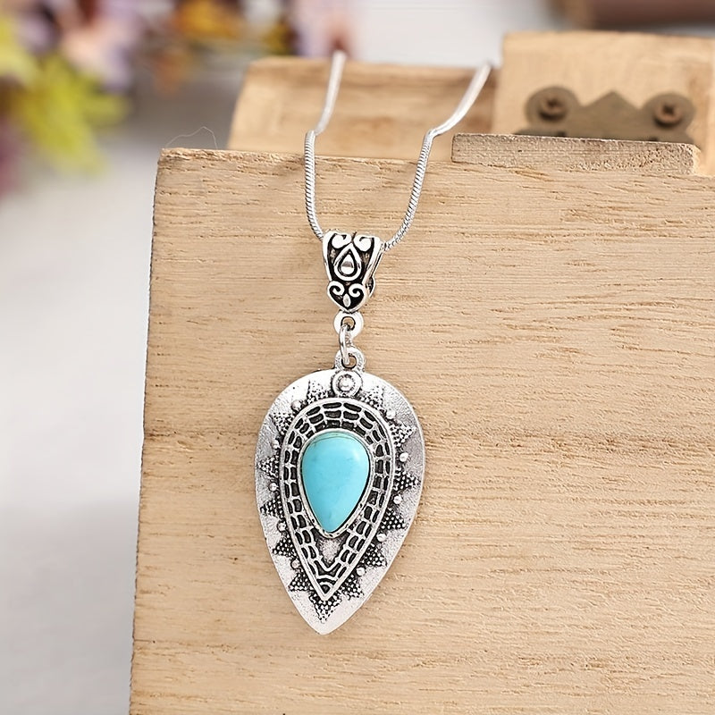 Vintage Carved Water Drop Turquoise Pendant Necklace