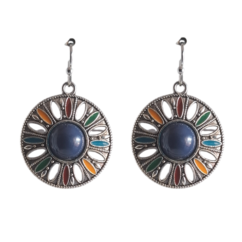 Boho Multicolour Medallion Dangle Earrings with Blue Centre