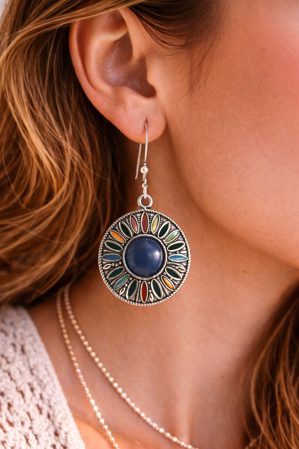 Boho Multicolour Medallion Dangle Earrings with Blue Centre