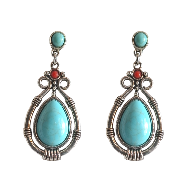 Vintage Teardrop Turquoise Frame Earrings with Coral Accent